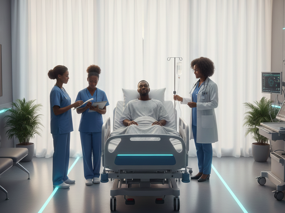hospital room with a patient being attended to by a doctor and two nurses