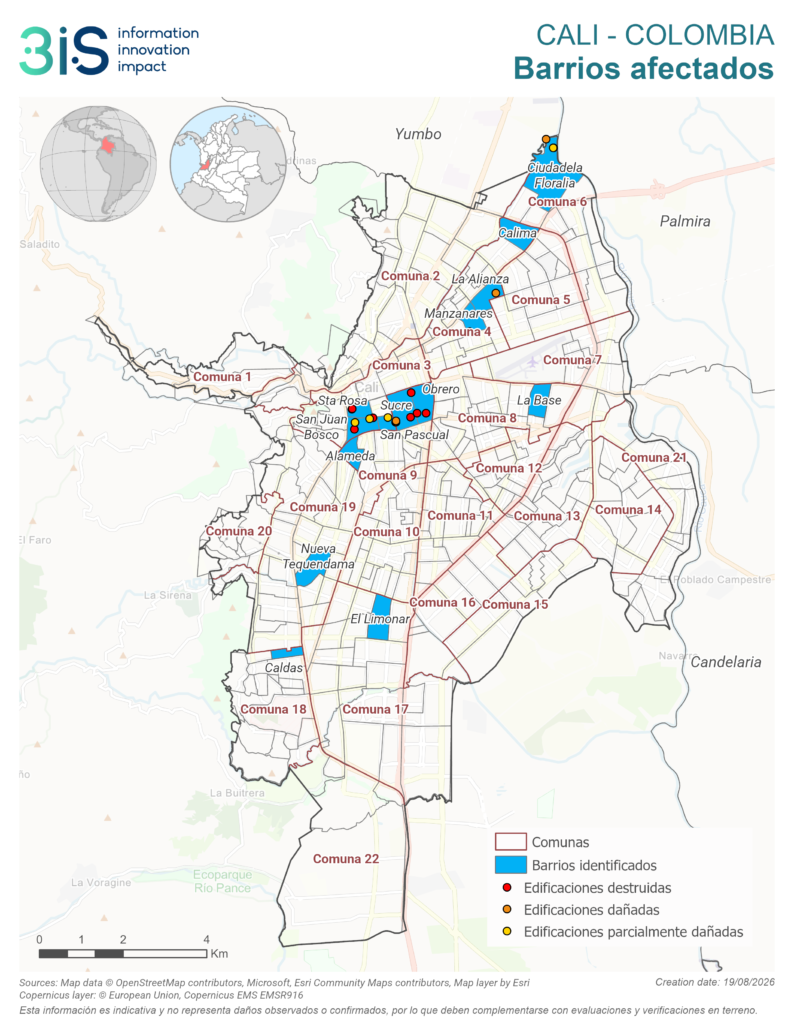 colombia: mapa urbano de cali: barrios afectados terremoto 10 de agosto 2026
