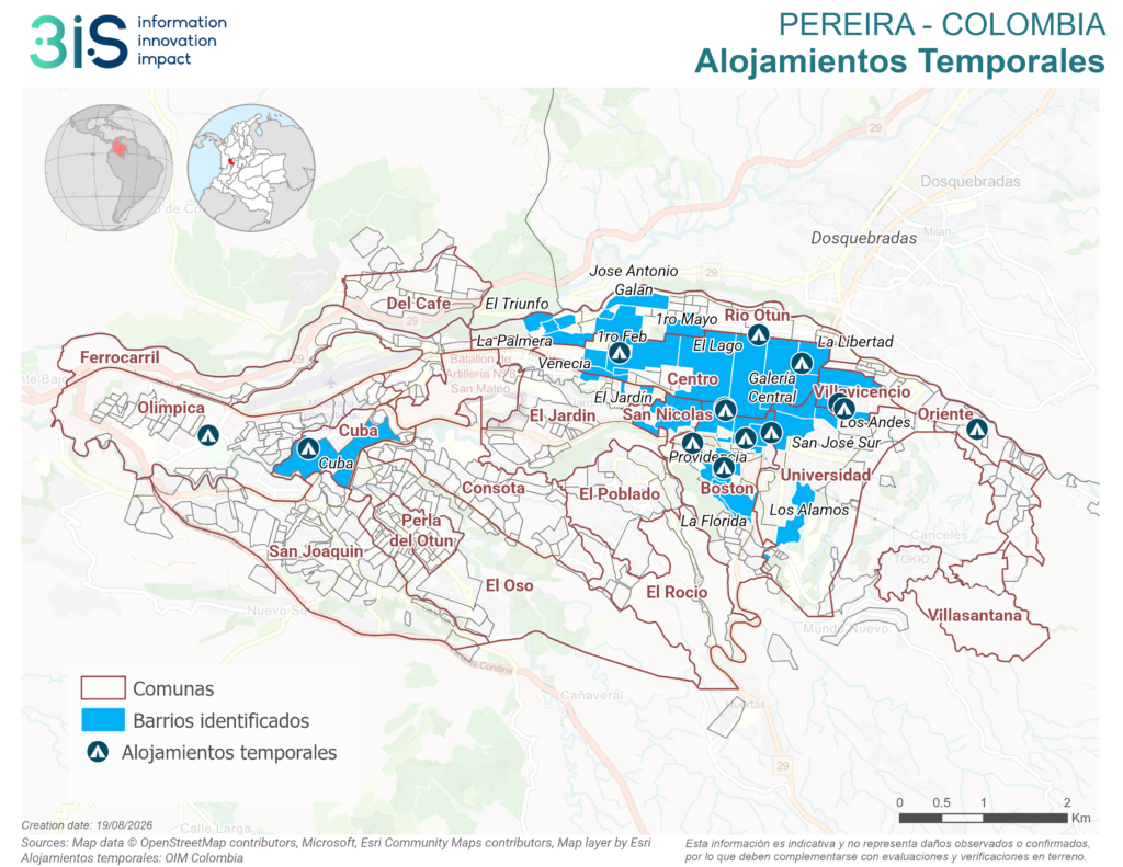 colombia: mapa urbano de pereira: alojamientos temporales terremoto 10 de agosto 2026